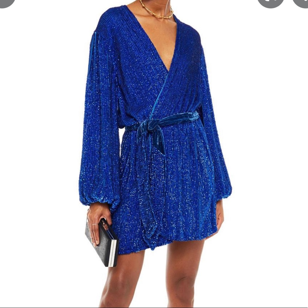 Retrofete Cobalt Blue Long-Sleeve Wrap Mini Dress